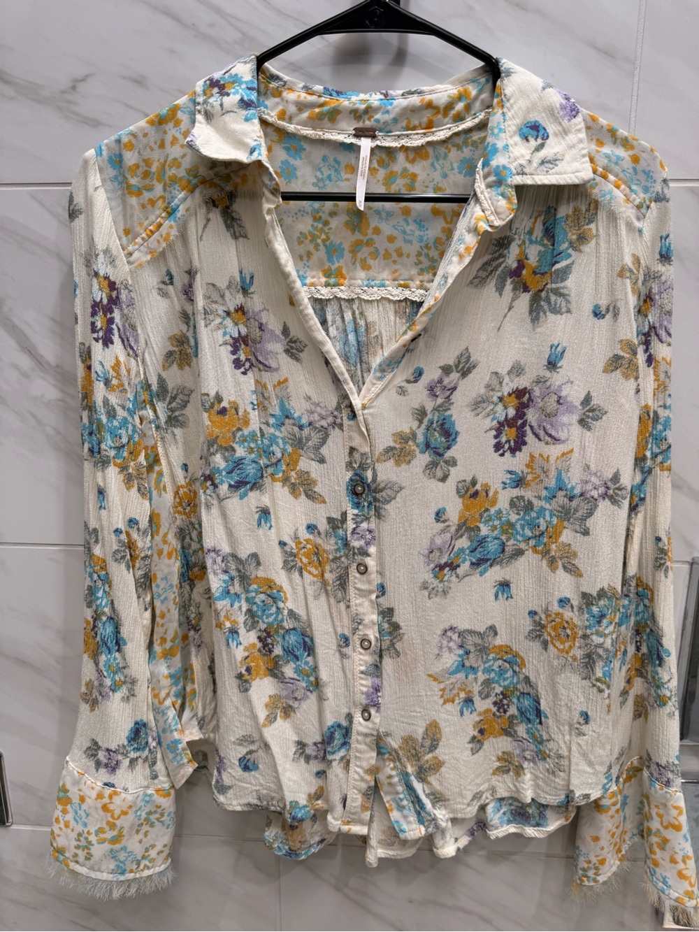 Free People Floral Button-Front Blouse in Cream with Blue & Yellow Flowers